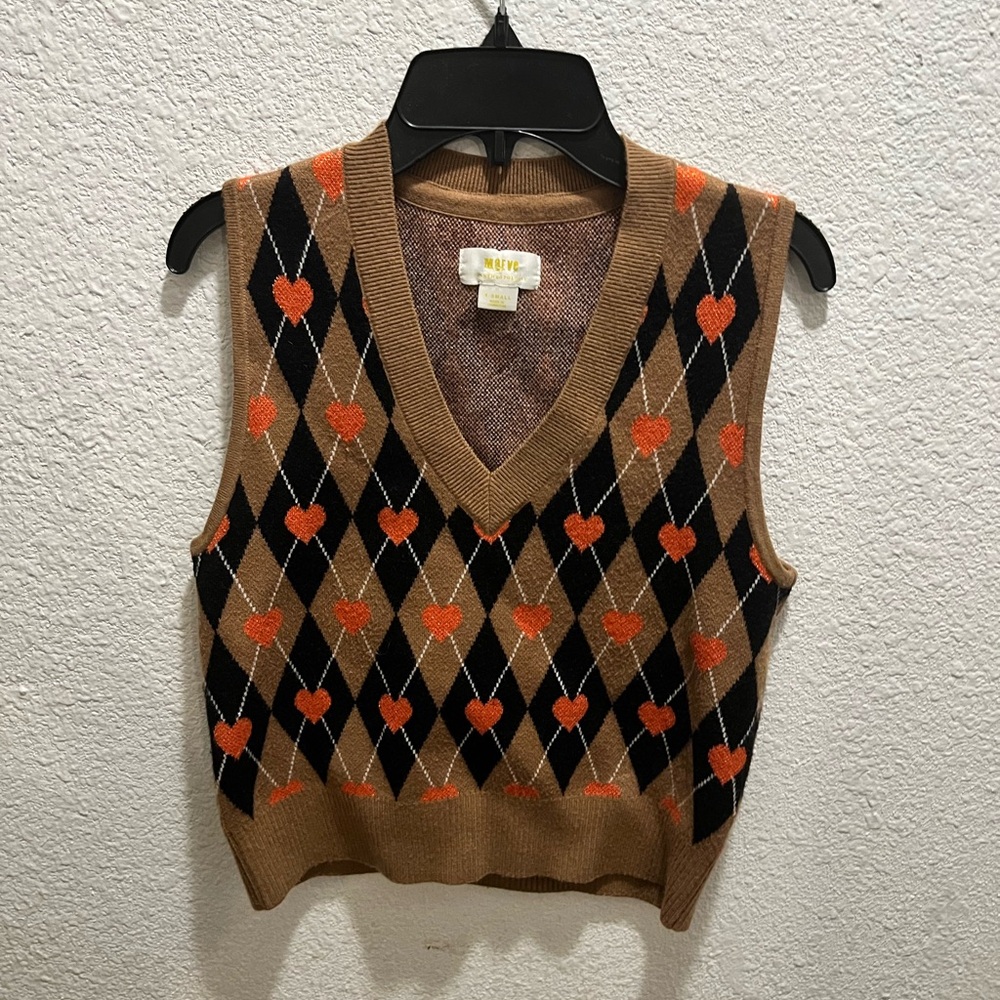 Maeve Brown Tan Black Orange Heart Argyle Sweater Vest